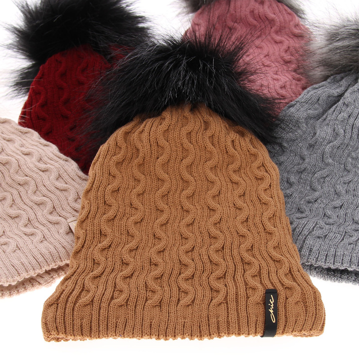 Woman's winter hat beige Xena with pompom
