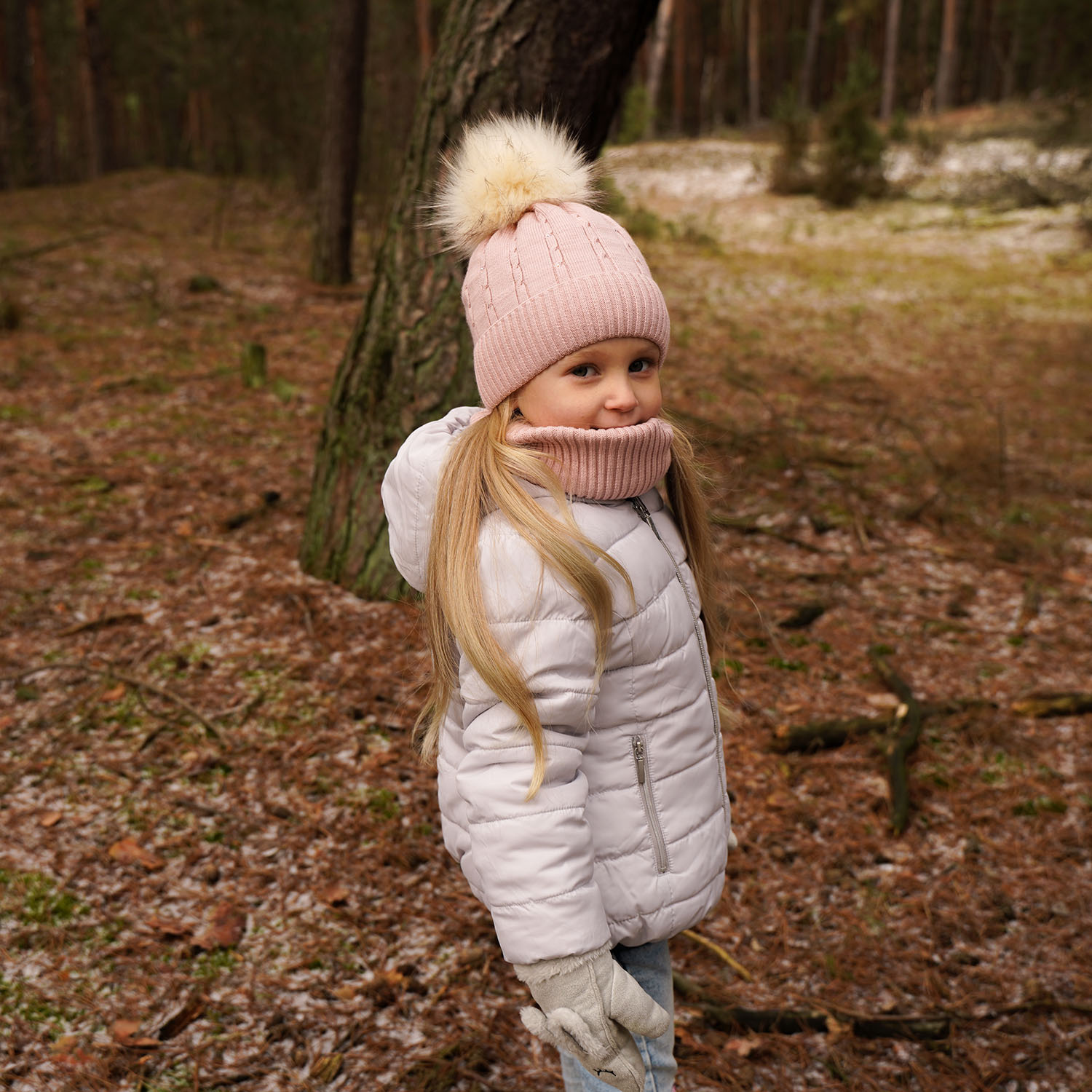 Girl's winter set: hat and tube scarf camel Lawa with pompom