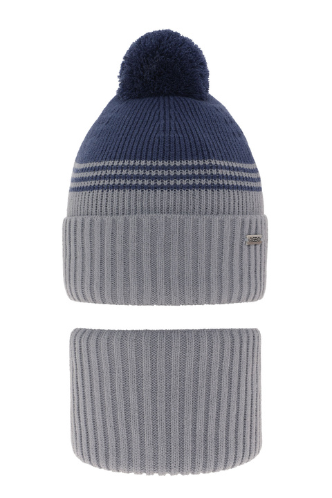 Boy's winter set: hat and tube scarf grey with pompom Pallas