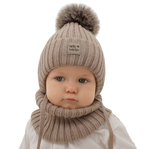 Boy's winter set: hat and tube scarf, beige, 100% extra fine merino wooll, lined with wool fleece Morti