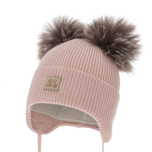 Girl's winter hat, pink, 100% merino wool, wool fleece lining, with ears, Trudina