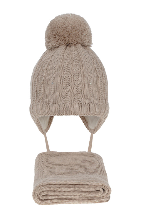 Girl's winter set: hat and scarf beige Candy with pompom