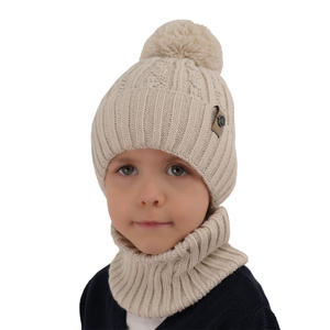 Boy's winter set: hat and tube scarf red with pompom Almond