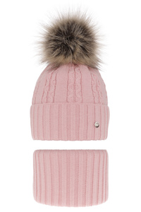 Girl's winter set: hat and tube scarf pink Felia with pompom