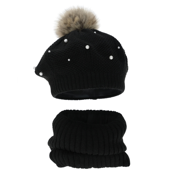 Girl's winter set: beret and tube scarf, cream, cotton lining, with pompom, Jeanette