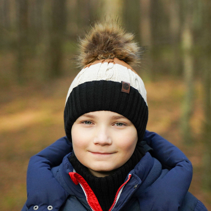 Boy's winter set: hat and tube scarf orange Karmel with pompom