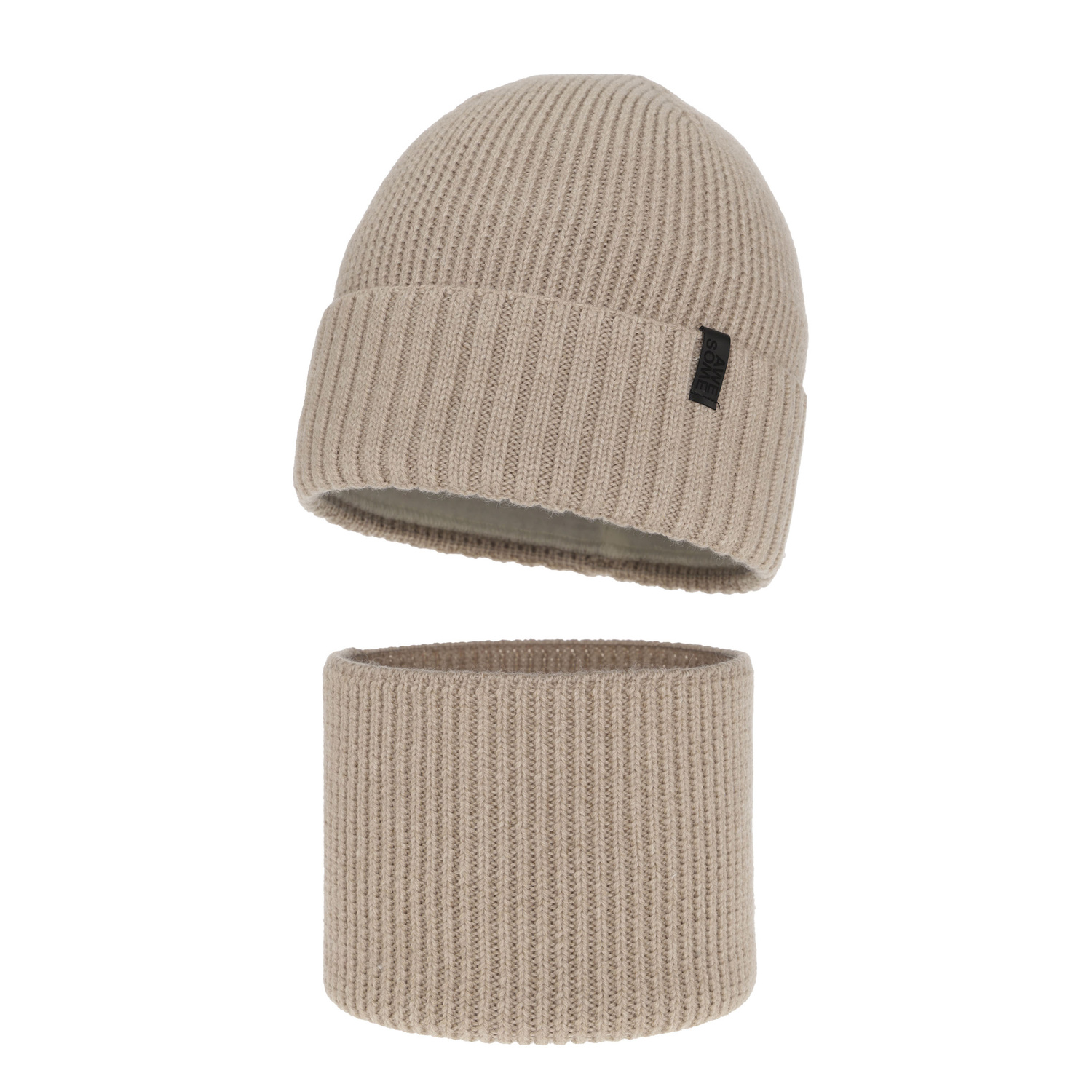 Hat and tube scarf for boy, winter set, 100% merino wool, with merino wool lining, beige Harbin