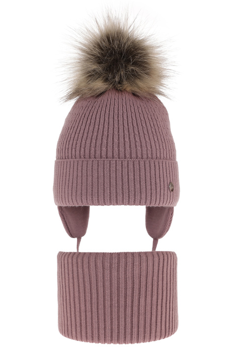 Girl's winter set: hat and tube scarf pink with pompom Debra