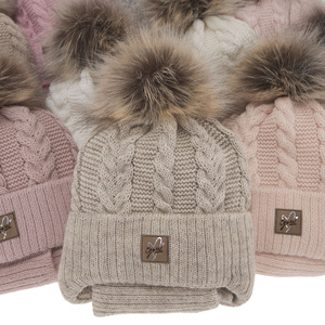 Girl's winter set: hat and tube scarf ecru with pompom Finess