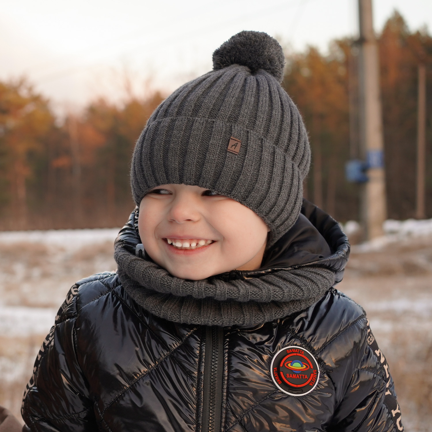 Boy's winter set: hat and tube scarf grey Wiliam with pompom