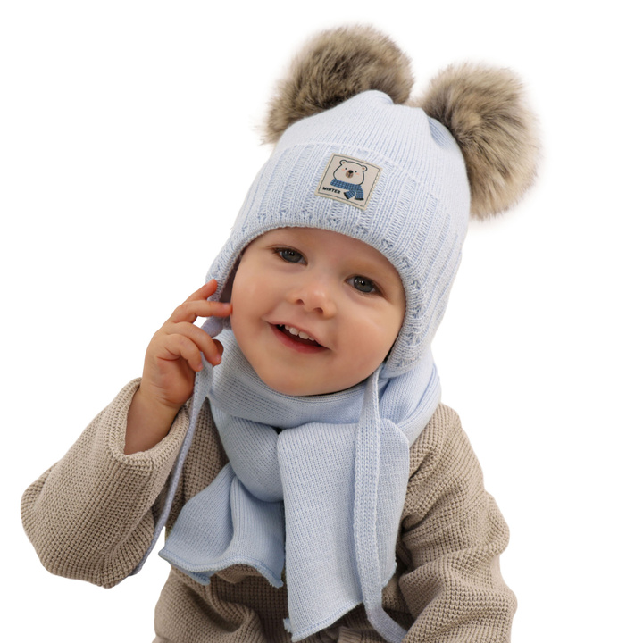 Boy' s winter set: hat and scarf blue with two pompoms Jewel