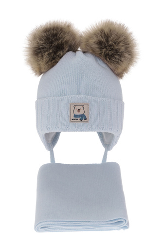 Boy' s winter set: hat and scarf light blue with two pompoms Jewel
