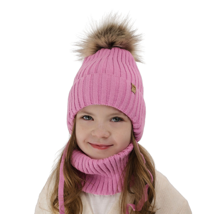 Girl's winter set: hat and tube scarf ecru with pompom Louisa