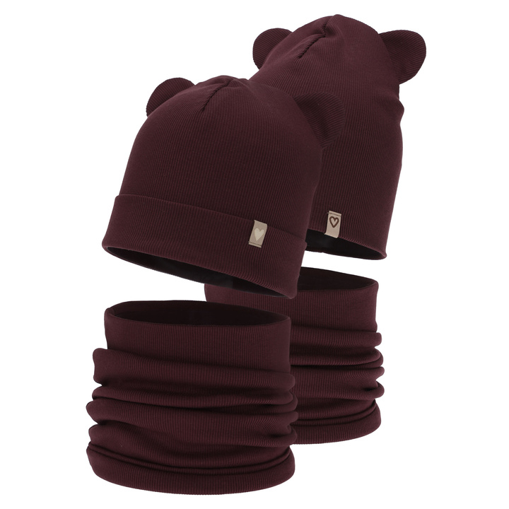 Girl's spring, autumn set: hat and tube scarf, burgundy, cotton, Luminia