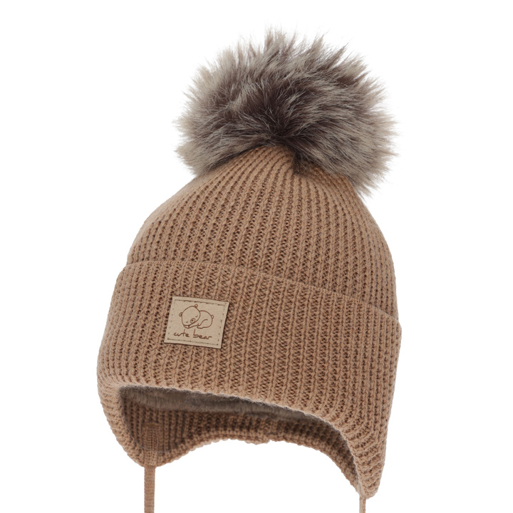 Boy's winter hat, camel, with ears, 100% merino wool, Jergen