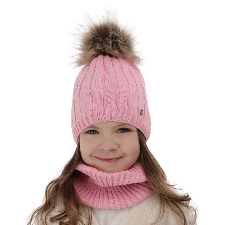 Girl's winter set: hat and tube scarf pink Amaltea with pompom