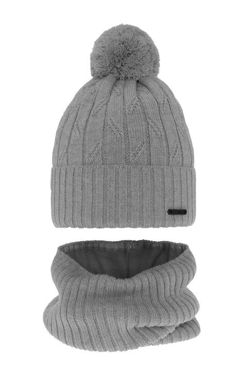 Boy's winter set: hat and tube scarf grey merino wool Talar with pompom