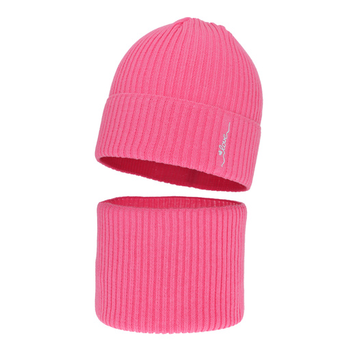 Girl's spring/ autumn set: hat and tube scarf, with cotton, pink Elvara