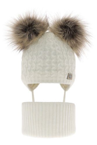 Girl's winter set: hat and tube scarf ecru with two pompoms Poliana