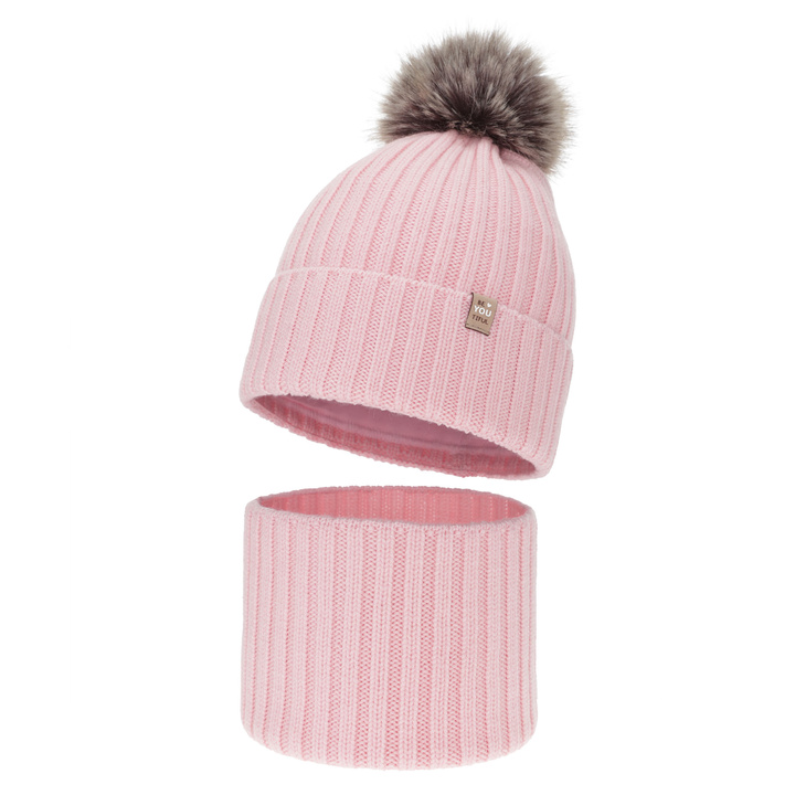 Girl's winter set: hat and tube scarf, pink, 100% merino wool, cotton lining, with pompom, Terida
