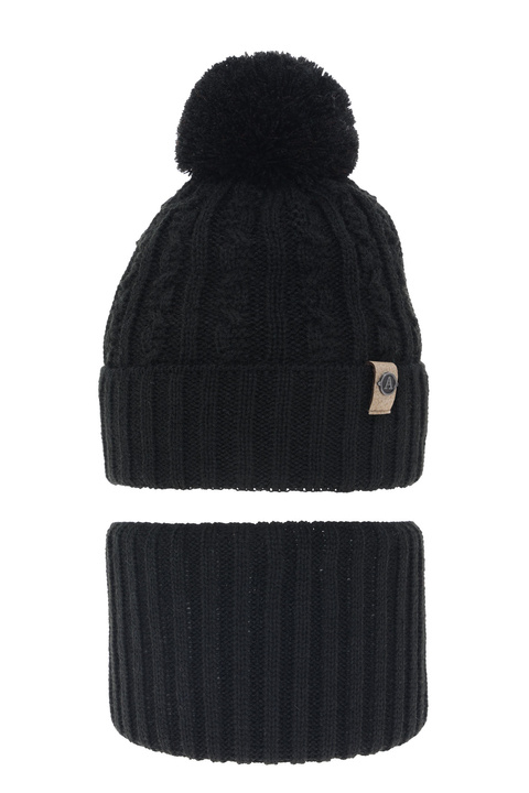 Boy's winter set: hat and tube scarf black with pompom Almond