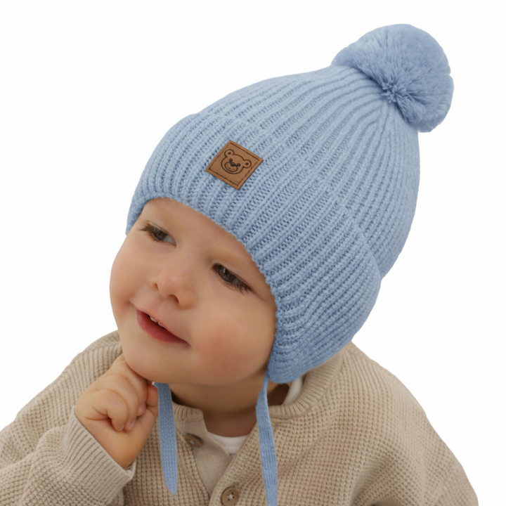 Boy's winter hat light blue 100% extra fine merino wool, lined with wool fleece Tofik