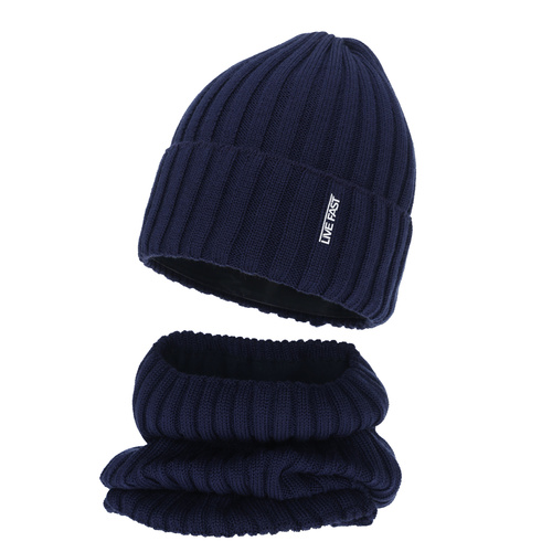 Boy's winter set: hat and tube scarf, navy blue, with merino wool, fleece lining, Banasko