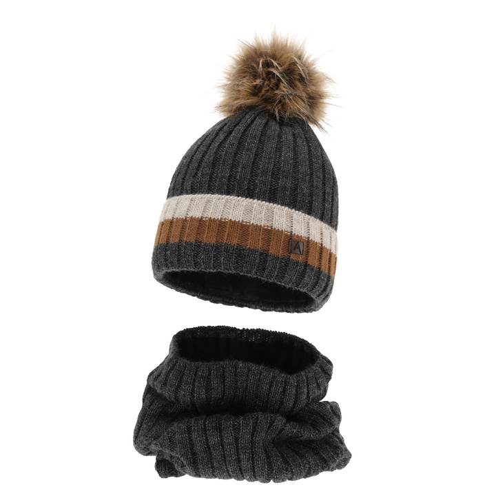 Boy's winter set: hat and tube scarf grey with pompom Beno