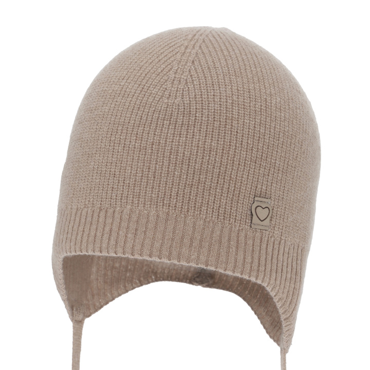 Girl's spring/ autumn hat, dark beige, merino wool with cashmere, with ears, Orida