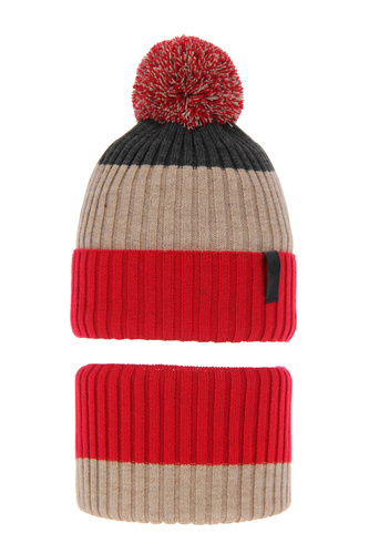 Boy's winter set: hat and tube scarf red Karson with pompom