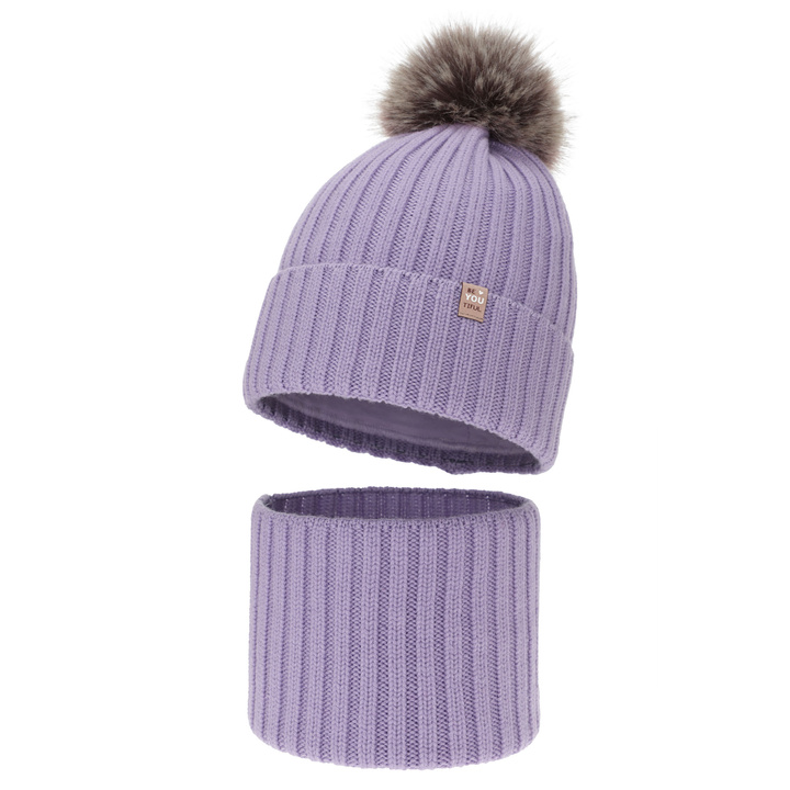 Girl's winter set: hat and tube scarf, purple, 100% merino wool, cotton lining, with pompom, Terida