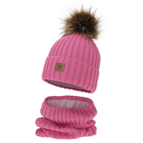 Girl's winter set: hat and tube scarf, pink, fleece lining, with merino wool, Bellina