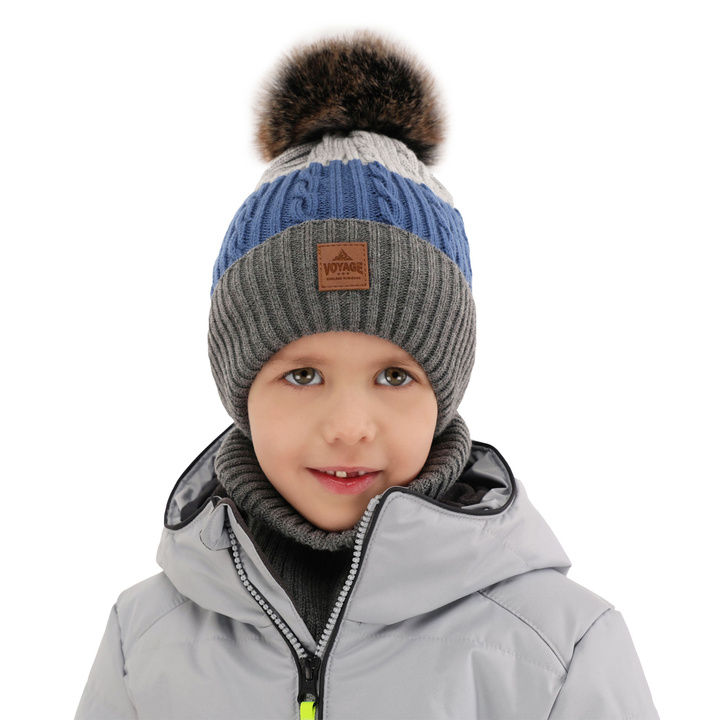 Boy's winter set: hat and tube scarf grey with pompom Luxor