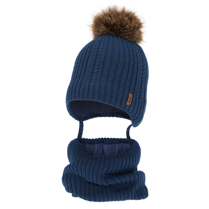 Hat and snood for boy winter set, navy blue, with merino wool, tied Zongo