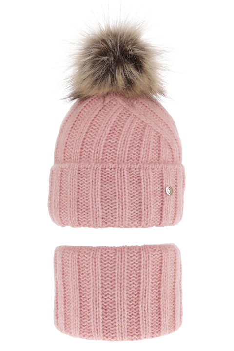 Girl's winter set: hat and tube scarf pink Polaris with pompom