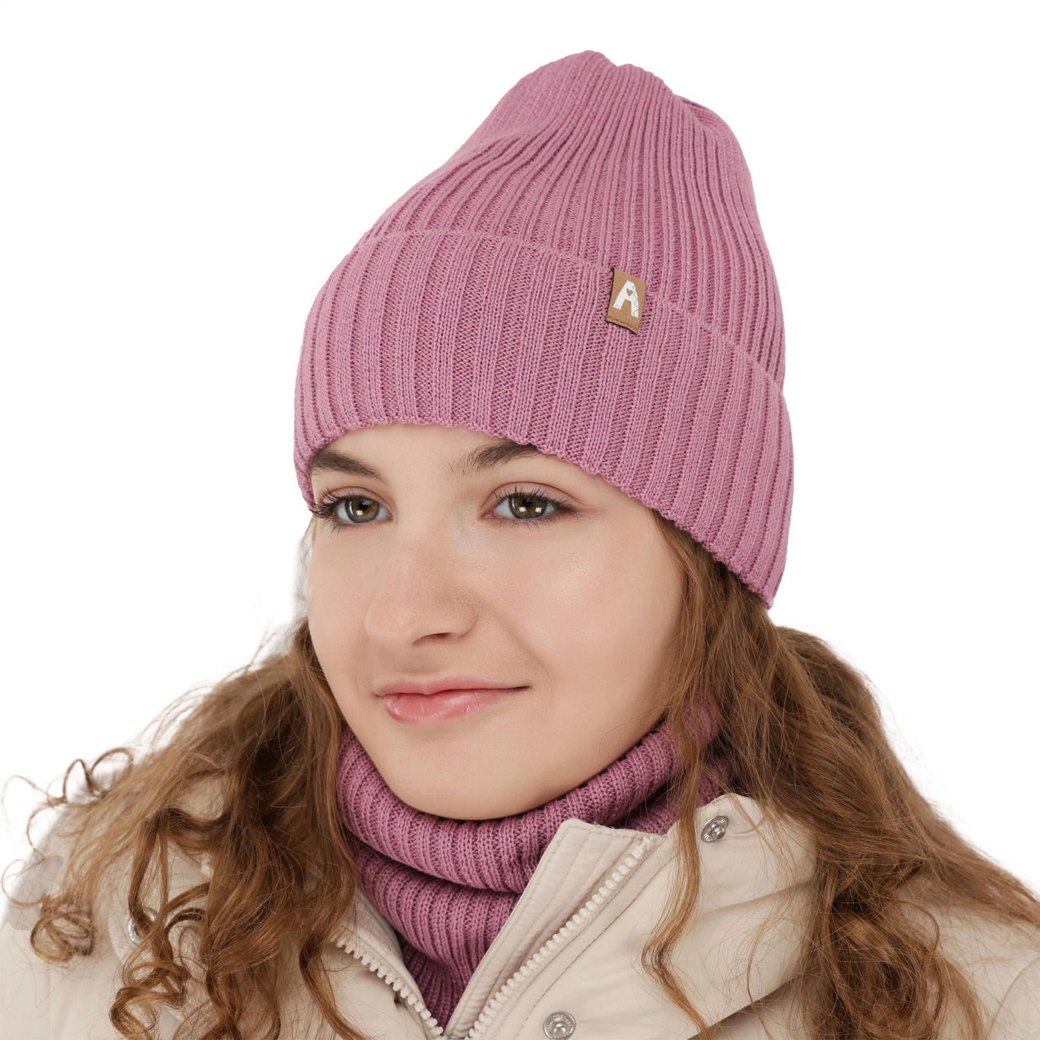 Girl's winter set: hat and tube scarf ecru merino wool Peggy
