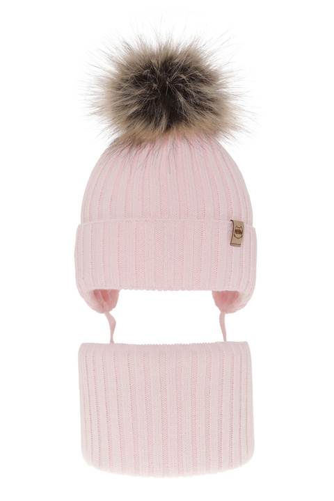 Girl's winter set: hat and tube scarf pink with pompom Louisa