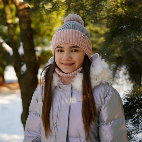 Girl's winter set: hat and tube scarf grey Kolumbina with pompom