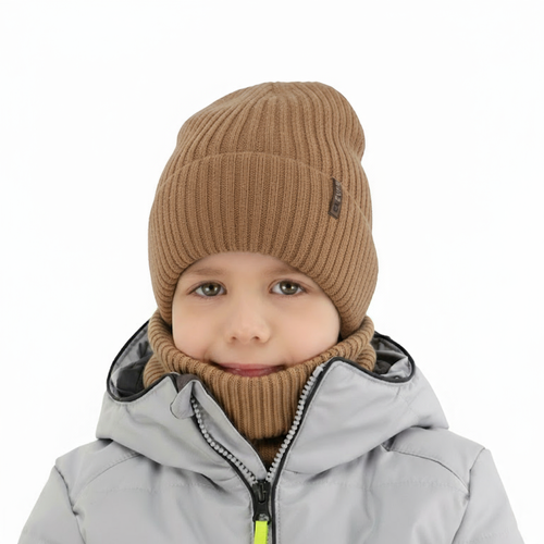 Boy's winter set: hat and tube scarf, camel, 100% merino wool, Gizmo
