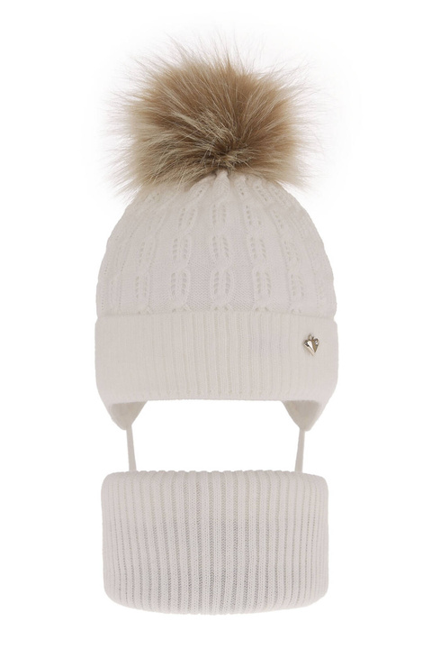 Girl's winter set: hat and tube scarf white with pompom Tukana