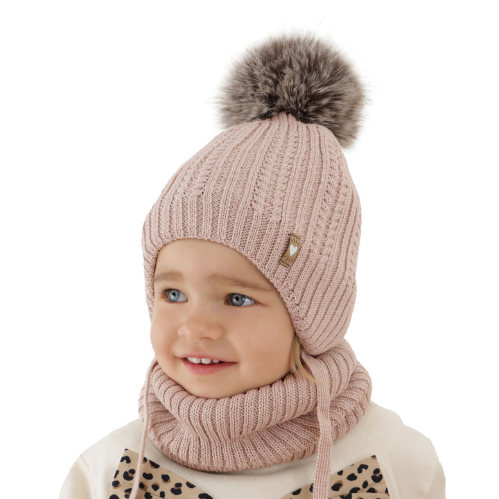 Girl's winter set: hat and tube scarf, beige, with merino wool, Muanda