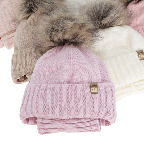 Girl's winter set: hat and tube scarf, cream, with pompom, Primula