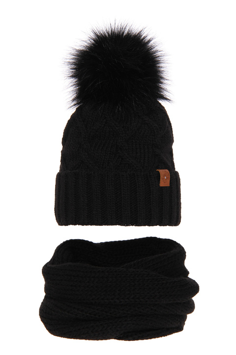 Woman's winter set: hat and tube scarf black Kreacja with pompom