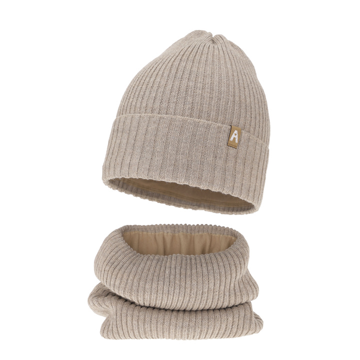 Girl's winter set: hat and tube scarf beige merino wool Peggy