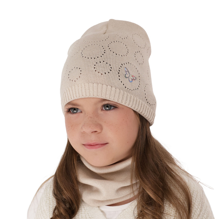 Girl's spring/ autumn set: hat and tube scarf, with cotton, beige Amarilla