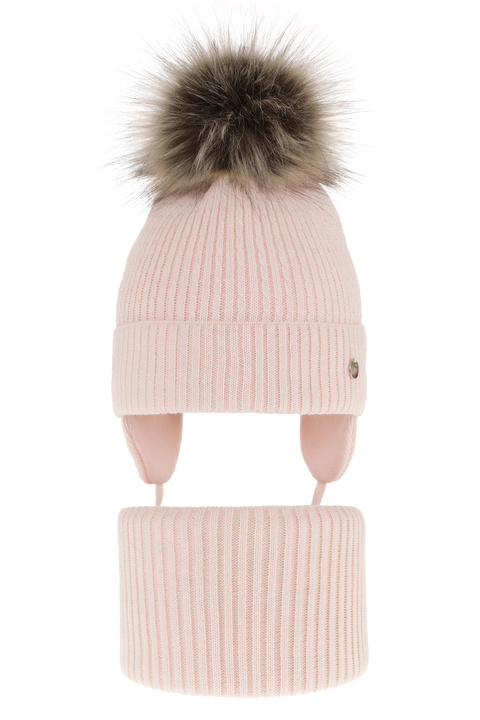 Girl's winter set: hat and tube scarf pink with pompom Debra