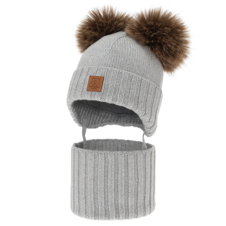Boy's hat and snood, winter set, grey, 100% merino wool, lined with wool fleece, Ronik
