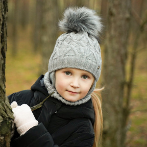 Girl's winter set: hat and tube scarf grey Elena with pompom