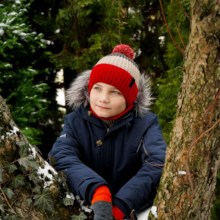 Boy's winter set: hat and tube scarf grey Karson with pompom