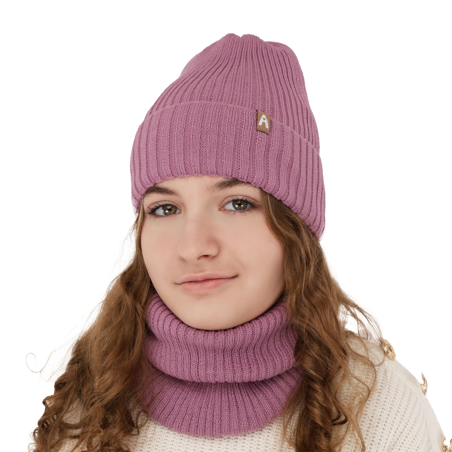 Girl's winter set: hat and tube scarf ecru merino wool Peggy